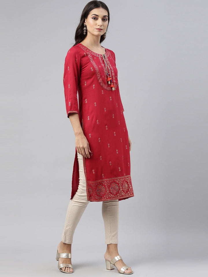 Neerus Red printed straight kurta - detail view 1