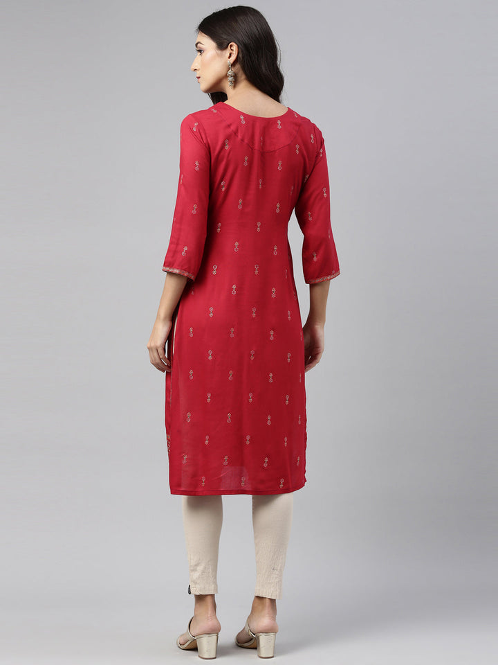 Neerus Red printed straight kurta - detail view 2