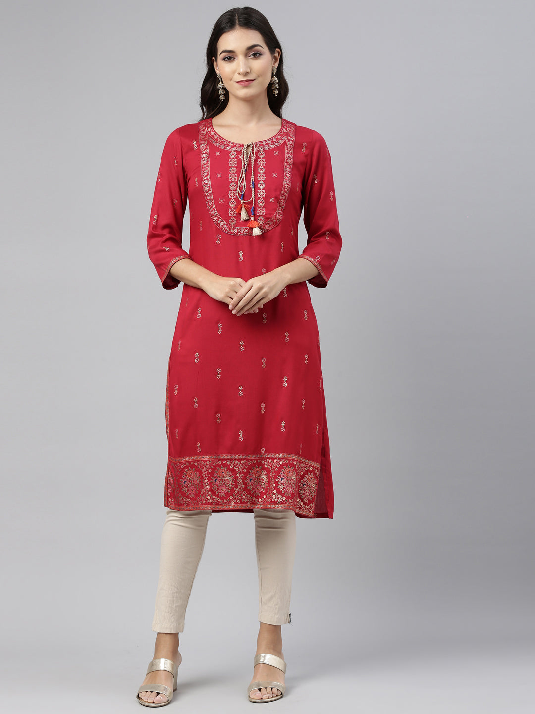 Neerus Red printed straight kurta - front view