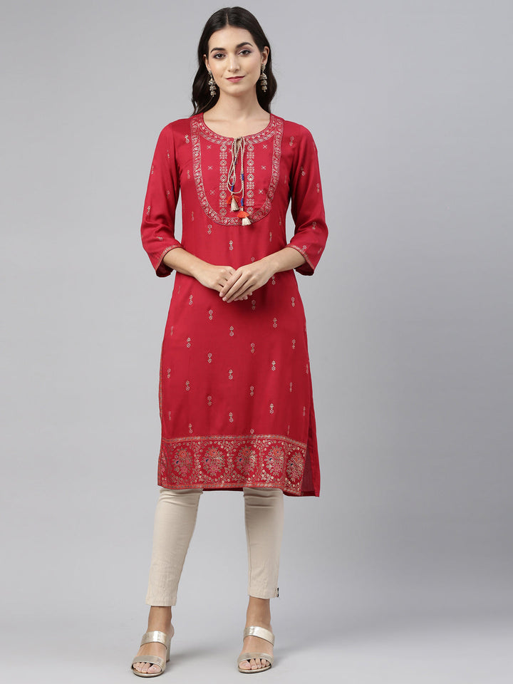 Neerus Red printed straight kurta - front view