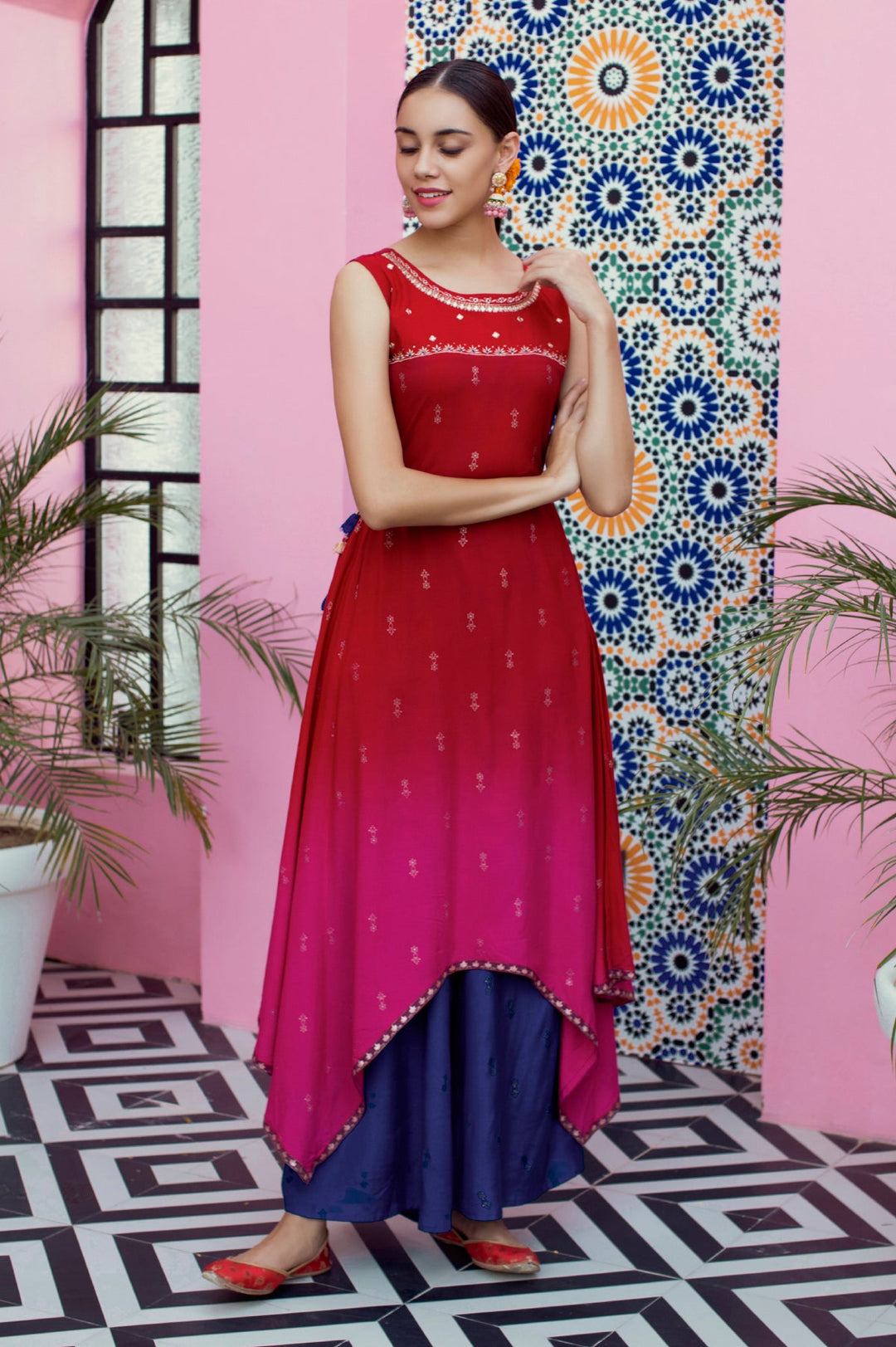 Neerus Red rayon straight kurti - front view