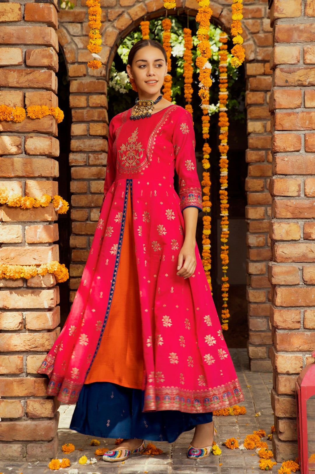 Neerus Pink Chanderi straight kurti - front view