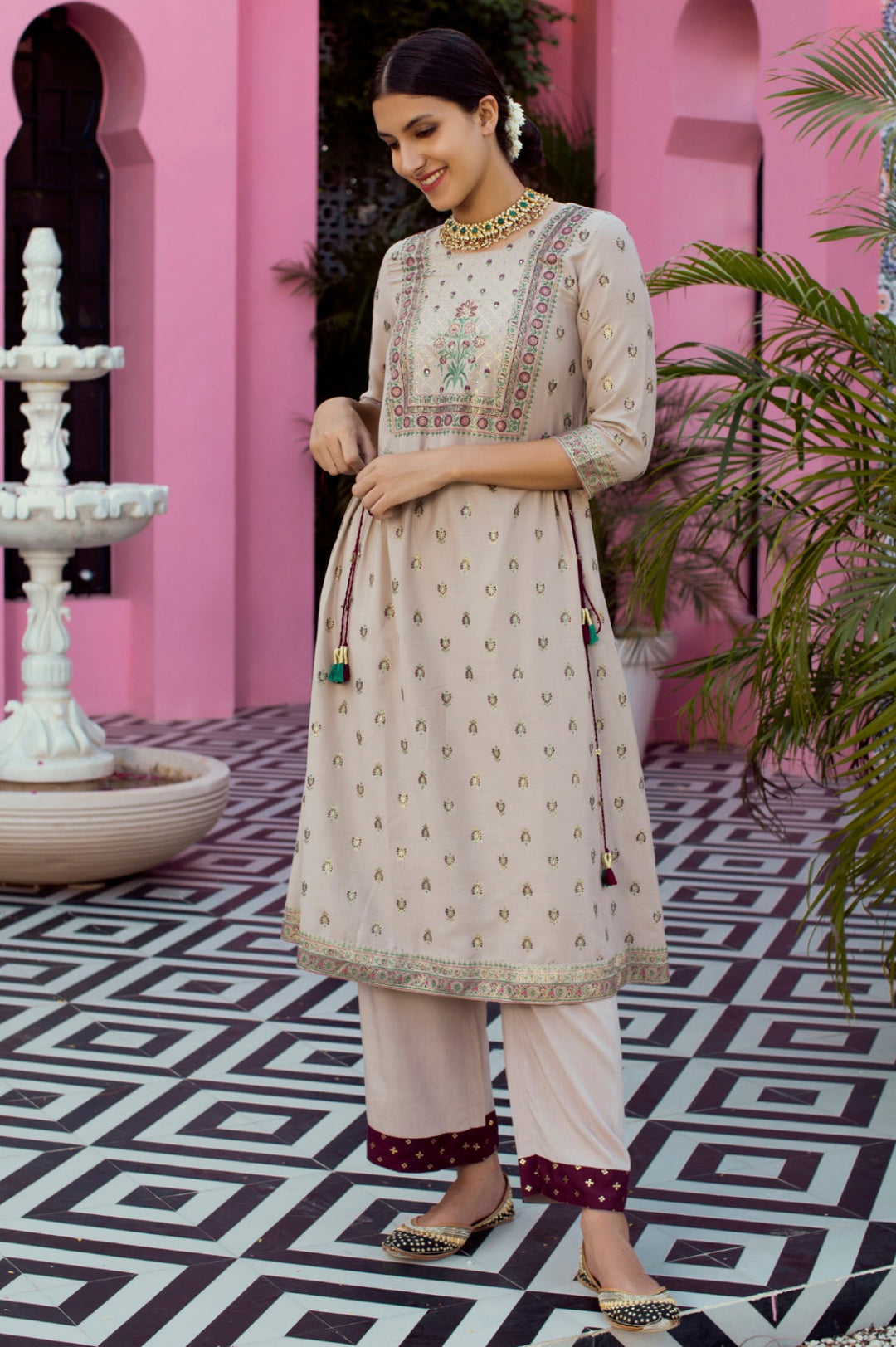 Neerus Beige muslin solid kurti - front view