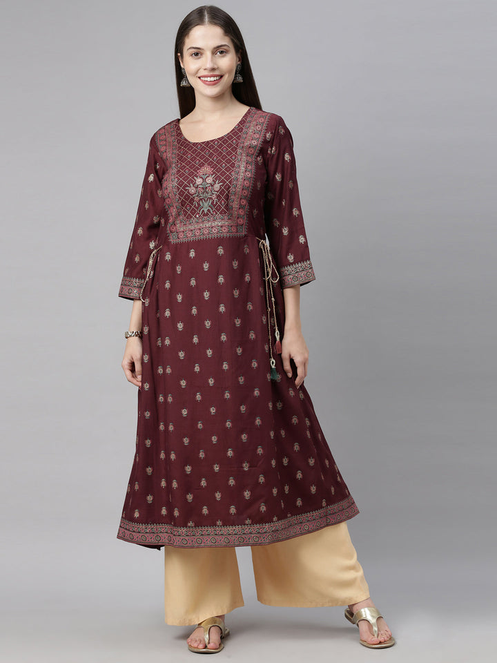Neerus Brown cotton printed A-line kurti - front view