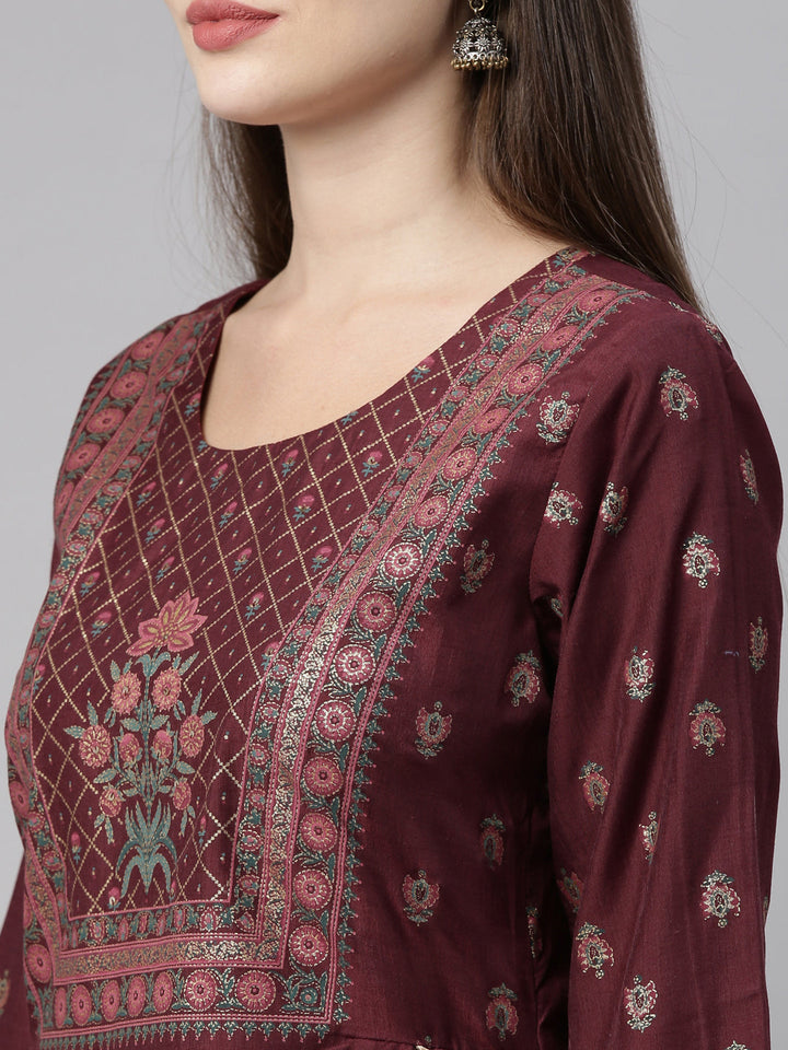 Neerus Brown cotton printed A-line kurti - back view
