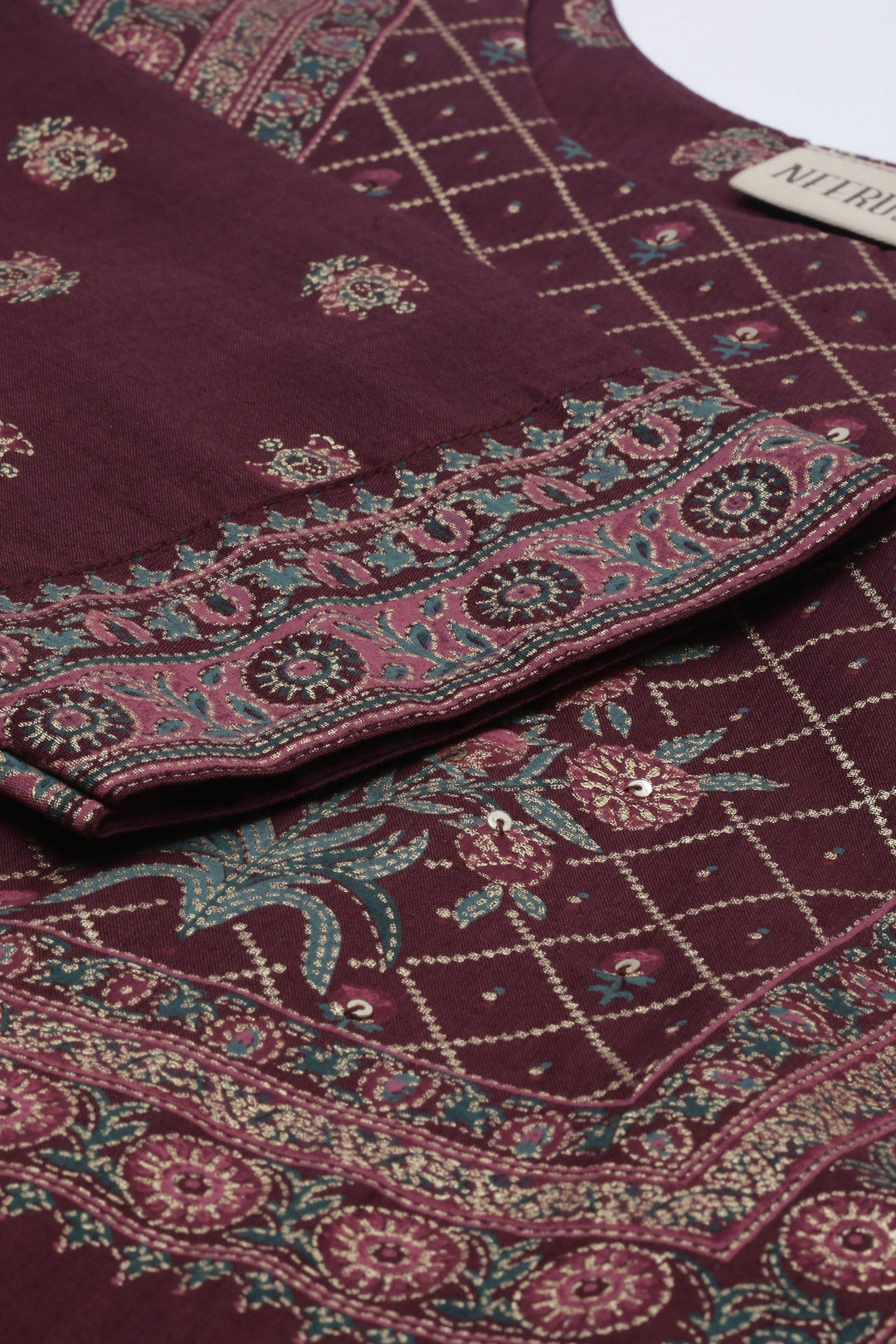 Neerus Brown cotton printed A-line kurti - detail view 1