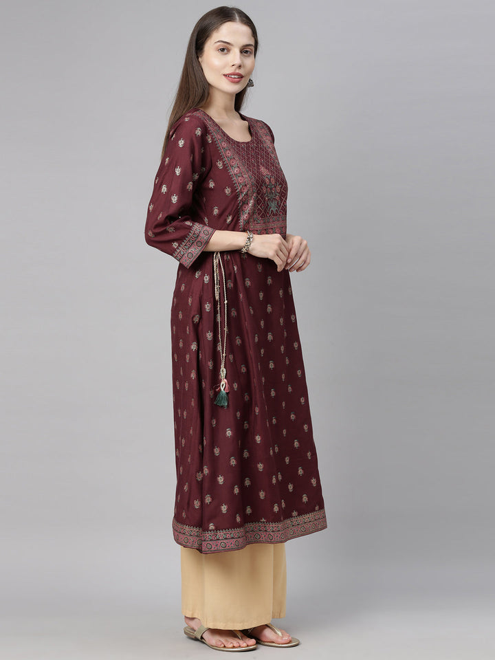 Neerus Brown cotton printed A-line kurti - detail view 3