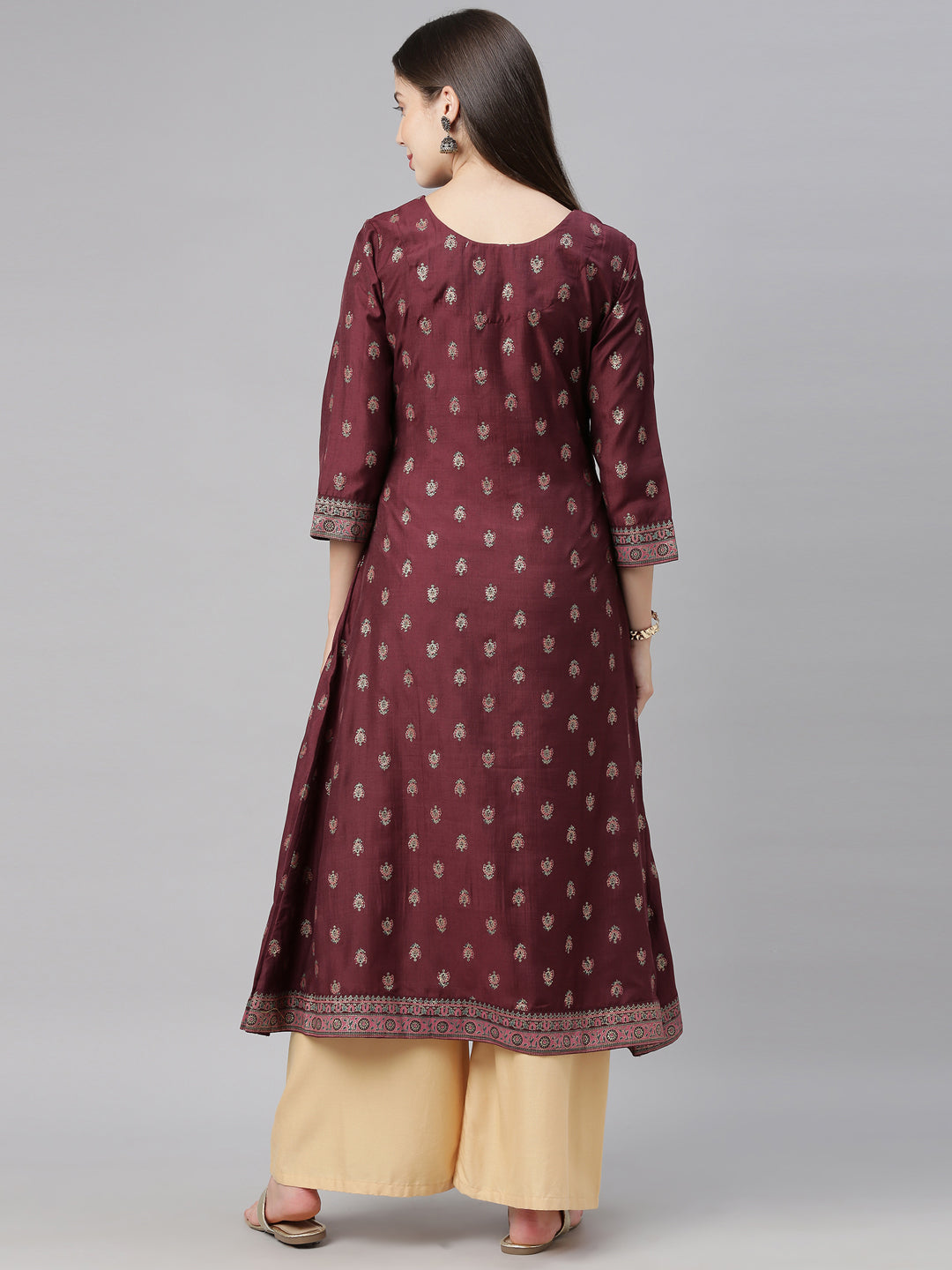 Neerus Brown cotton printed A-line kurti - detail view 4