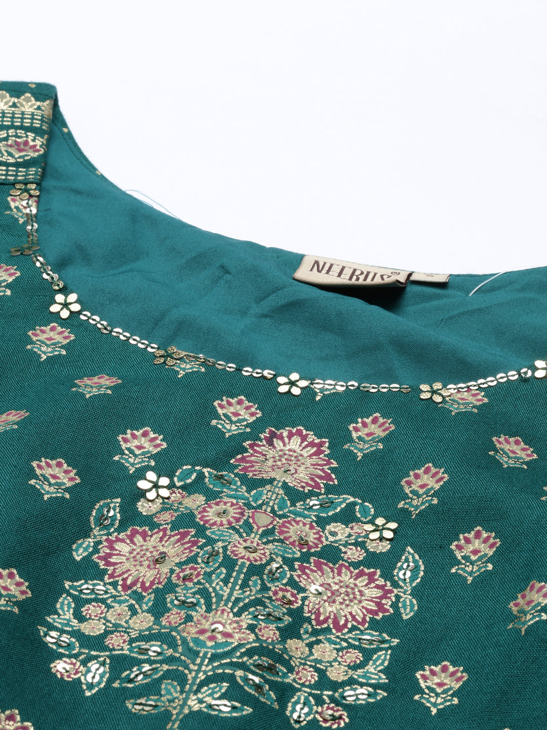 Neerus Green viscose rayon printed blouse - detail view 5