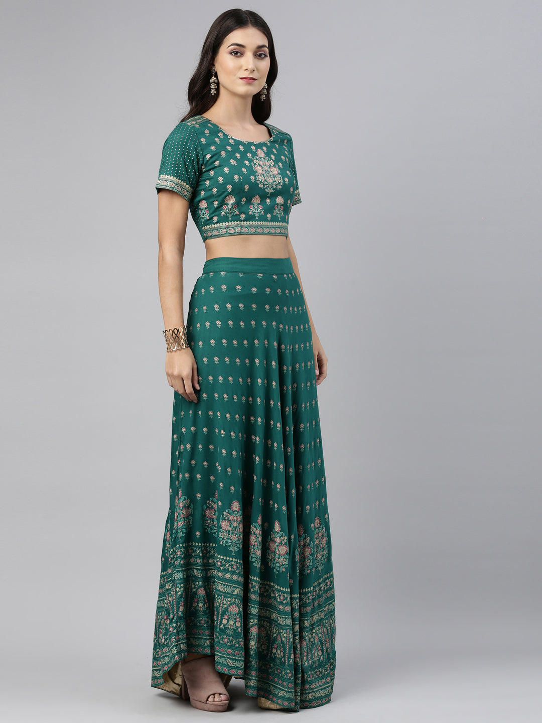 Neerus Green viscose rayon printed blouse - side view