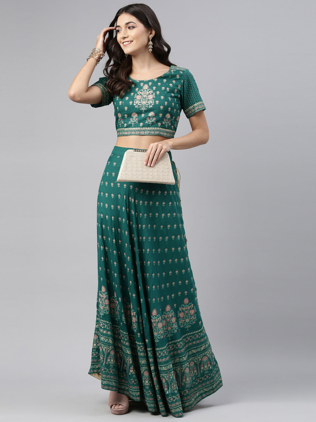 Neerus Green viscose rayon printed blouse - front view