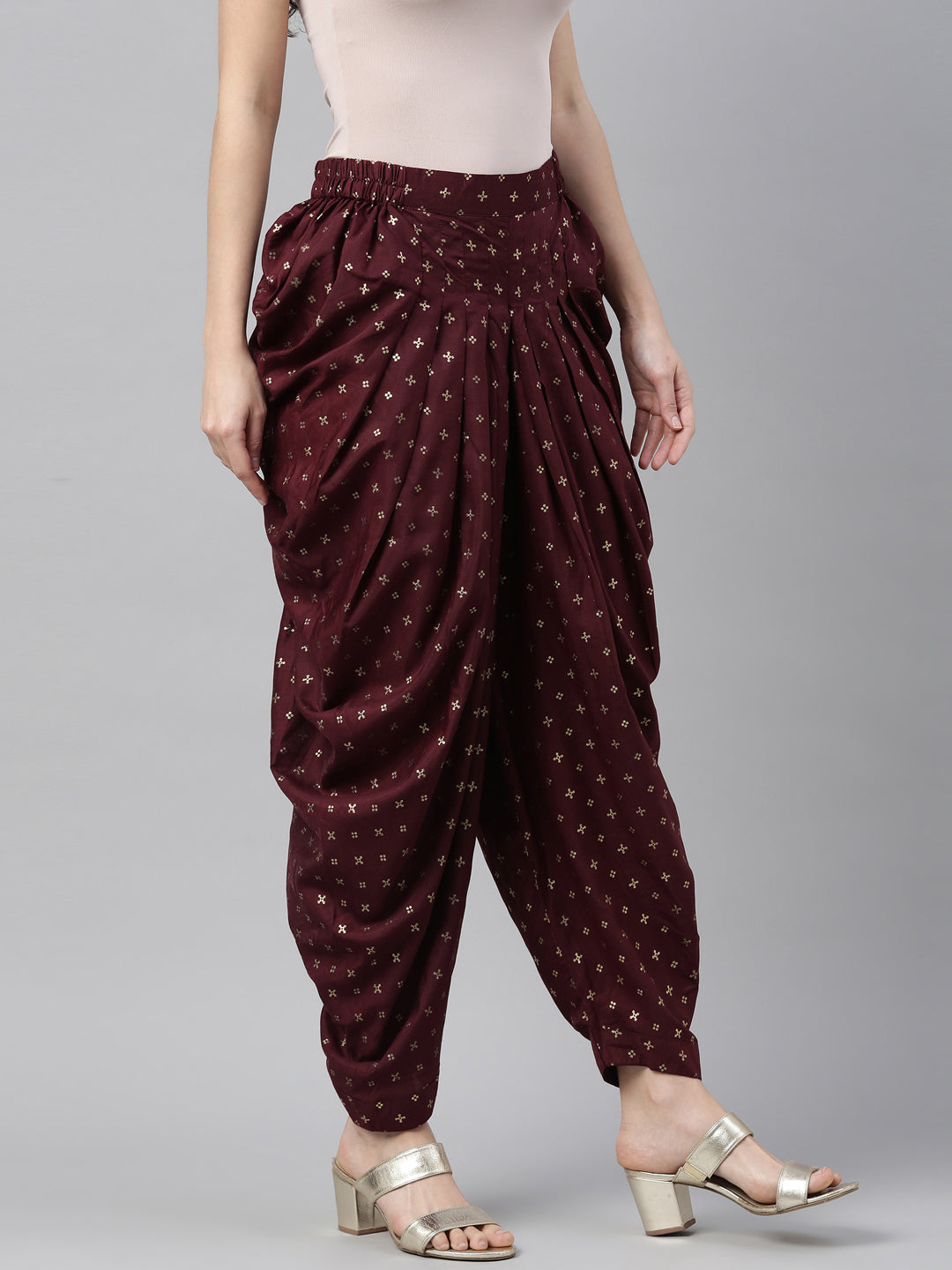 Neerus Maroon lorex dhoti pants - side view