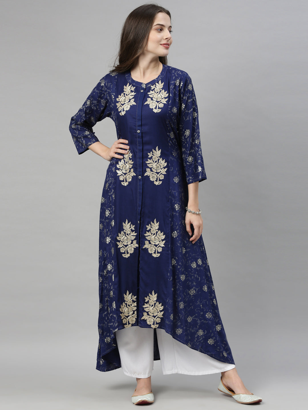 Neerus Blue printed high-low kurta - front view