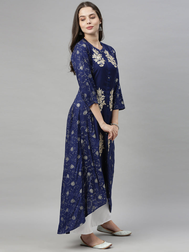Neerus Blue printed high-low kurta - detail view 2