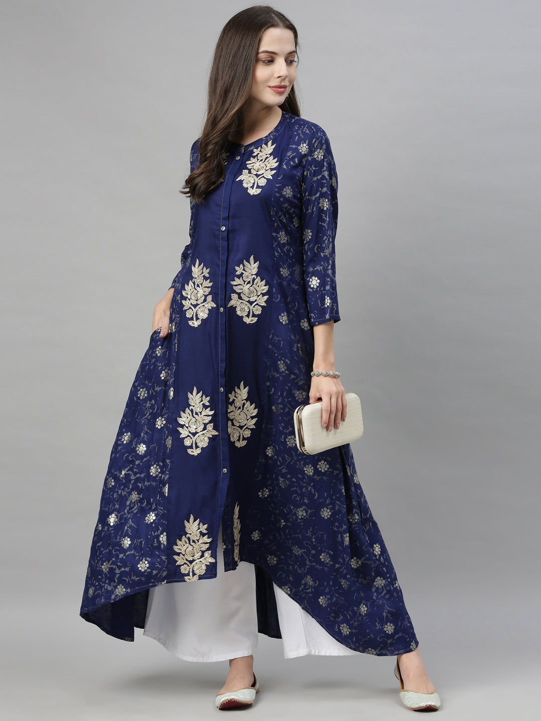 Neerus Blue printed high-low kurta - detail view 4