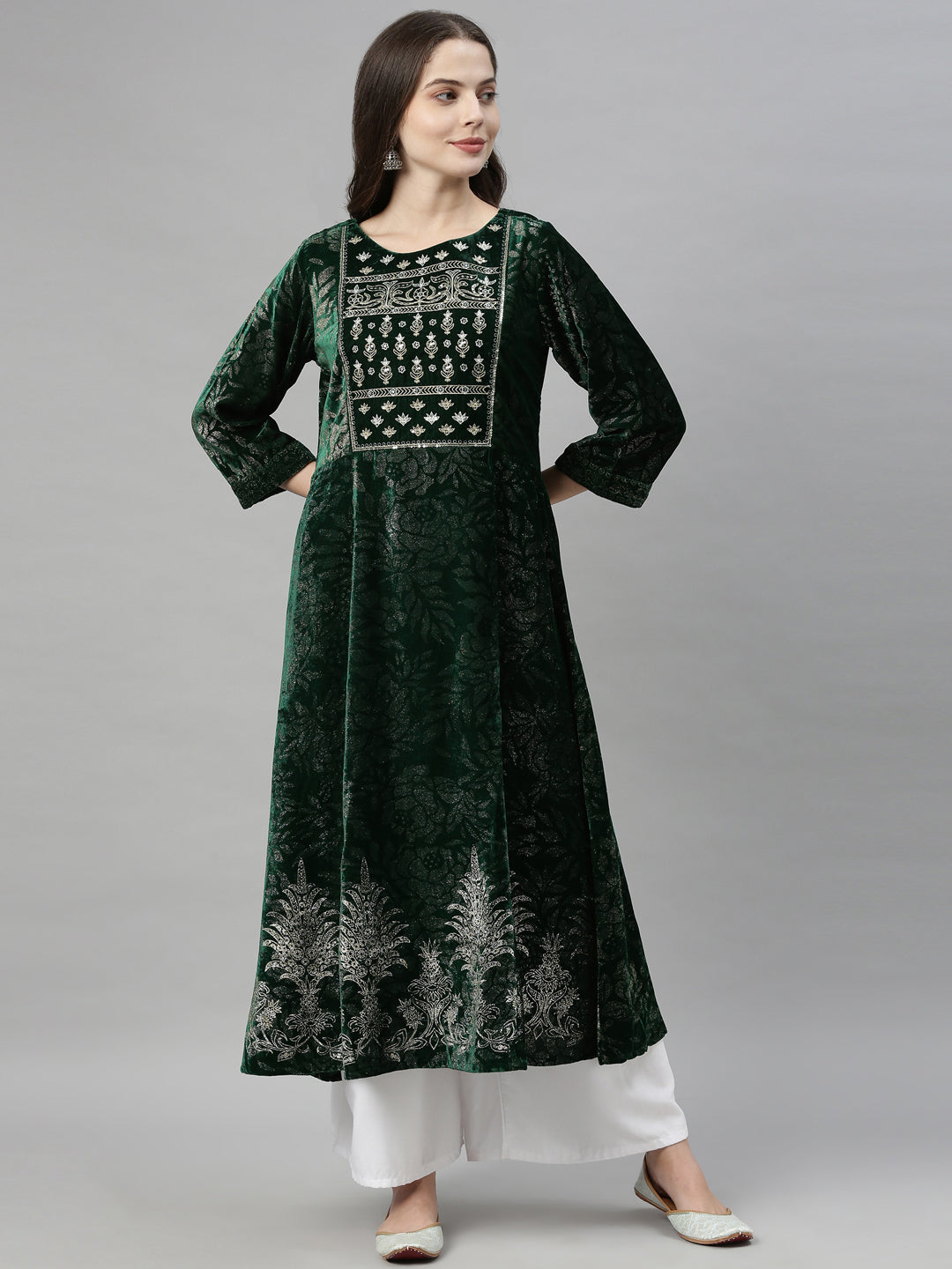 Neerus Green embellished flared kurta - front view
