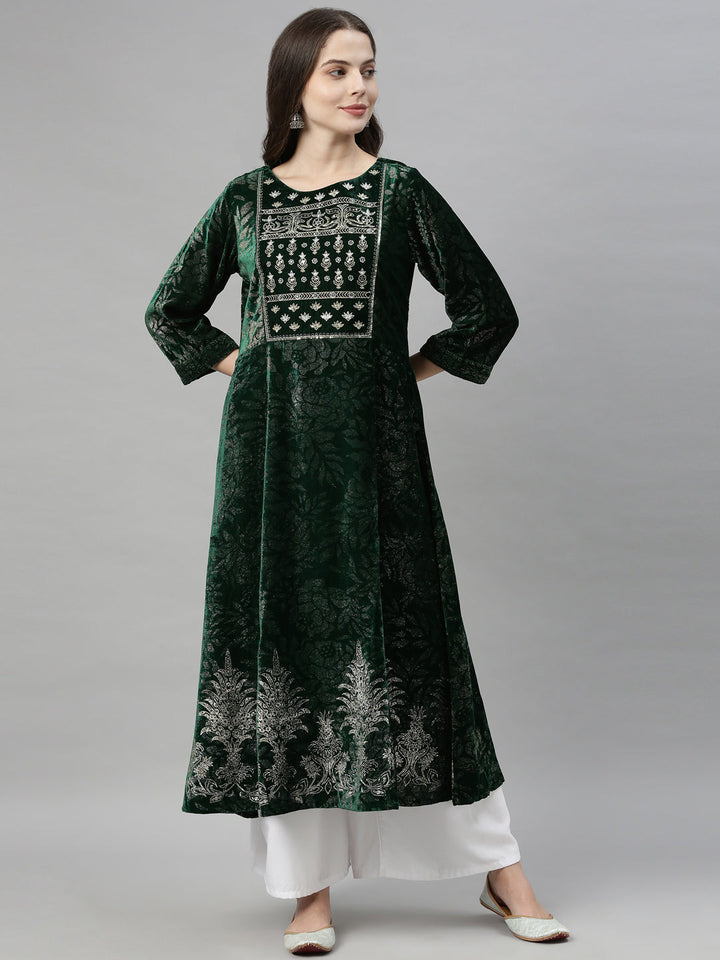 Neerus Green embellished flared kurta - front view