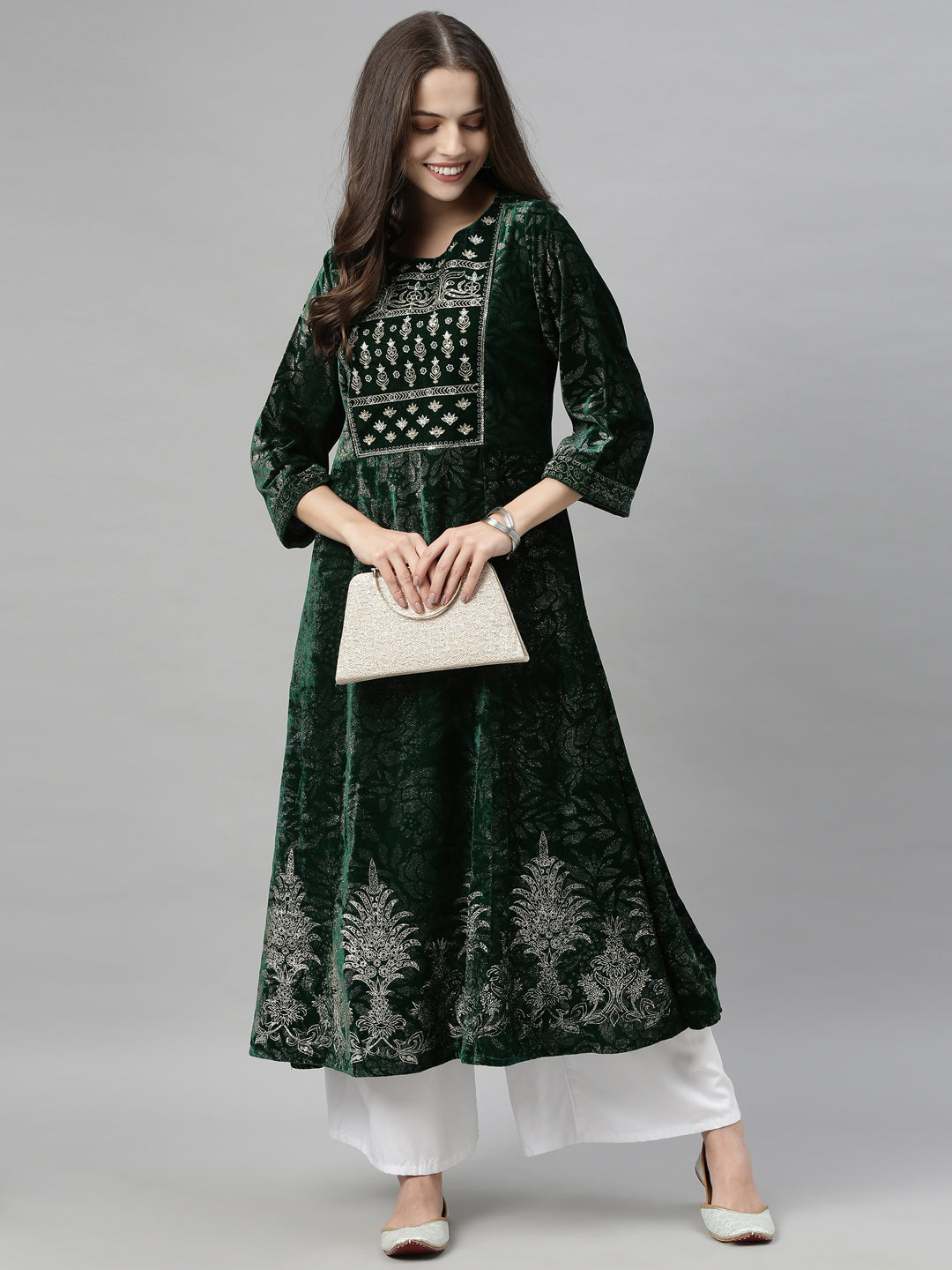 Neerus Green embellished flared kurta - detail view 5