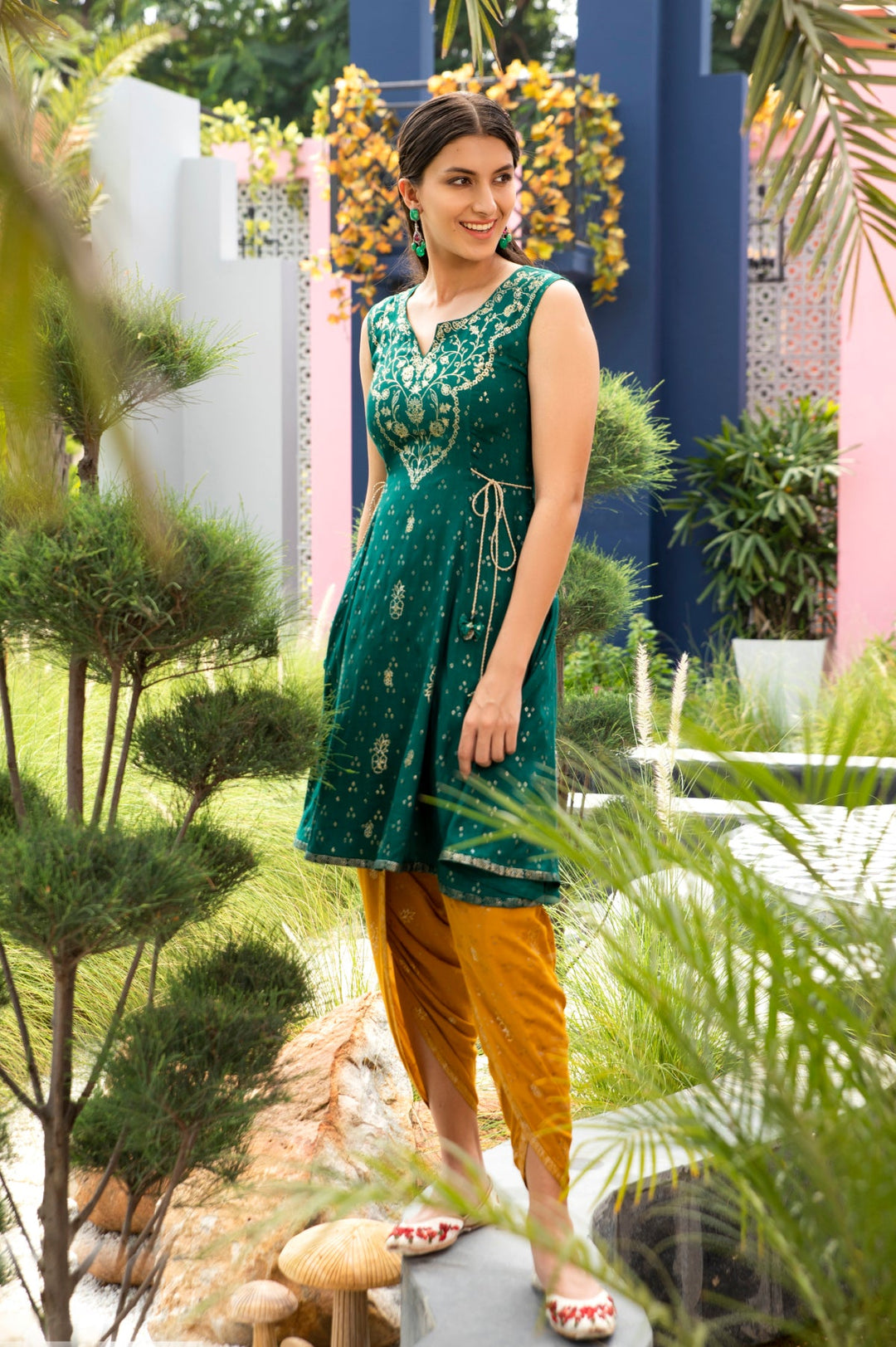 Neerus Green Chanderi printed kurti - front view