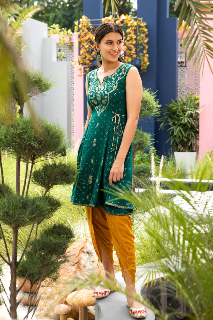Neerus Green Chanderi printed kurti - back view