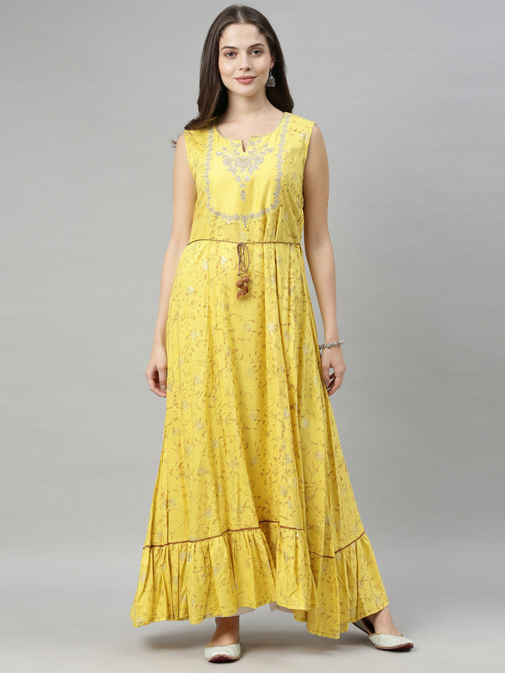 Neerus Yellow embellished anarkali kurti - front view