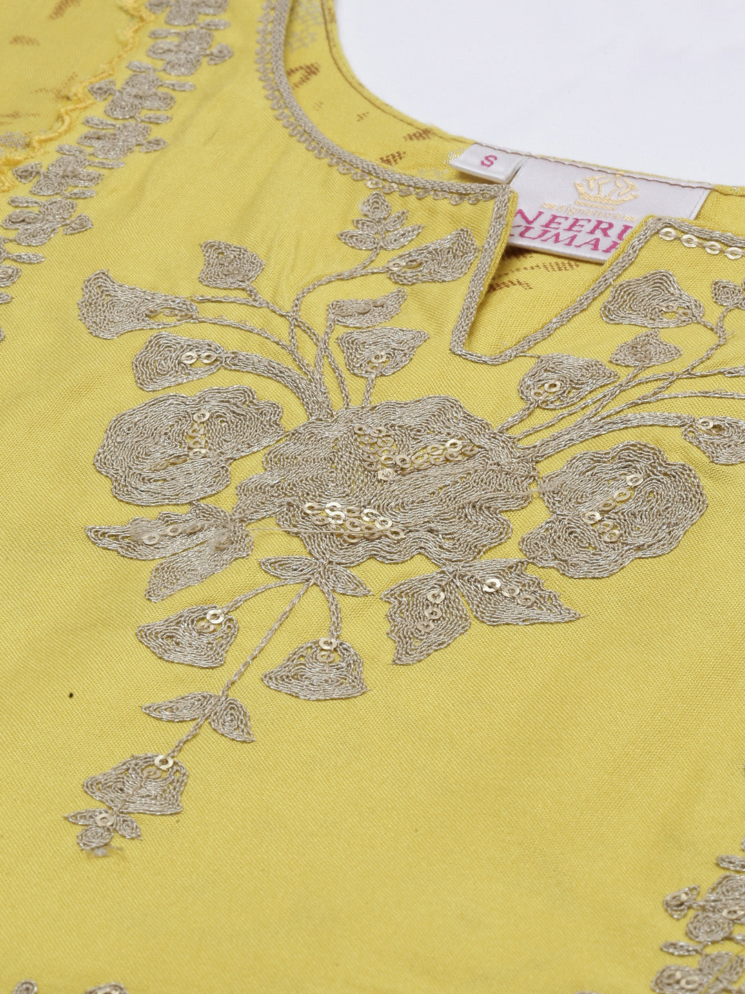 Neerus Yellow embellished anarkali kurti - detail view 4