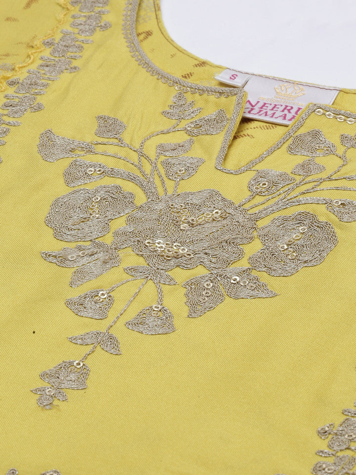 Neerus Yellow embellished anarkali kurti - detail view 4