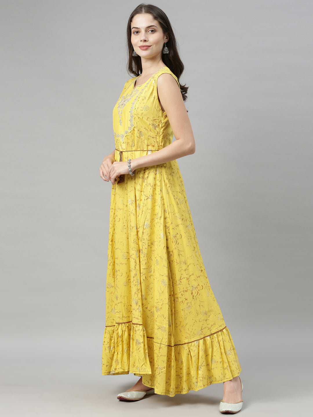 Neerus Yellow embellished anarkali kurti - side view