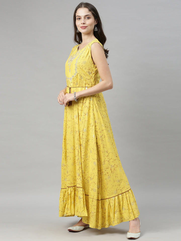 Neerus Yellow embellished anarkali kurti - side view