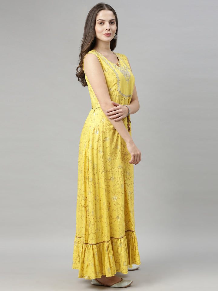 Neerus Yellow embellished anarkali kurti - detail view 1