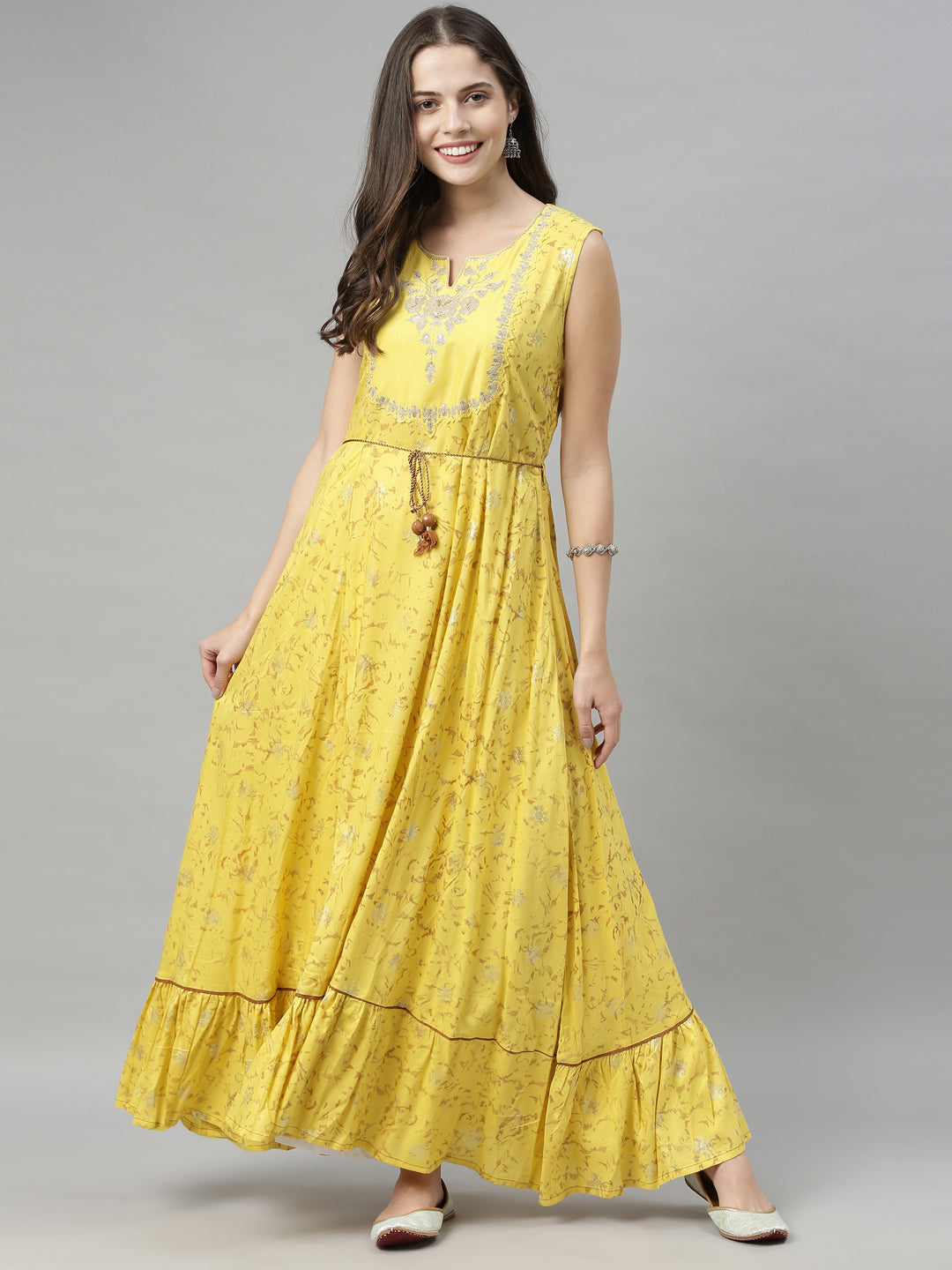 Neerus Yellow embellished anarkali kurti - detail view 3