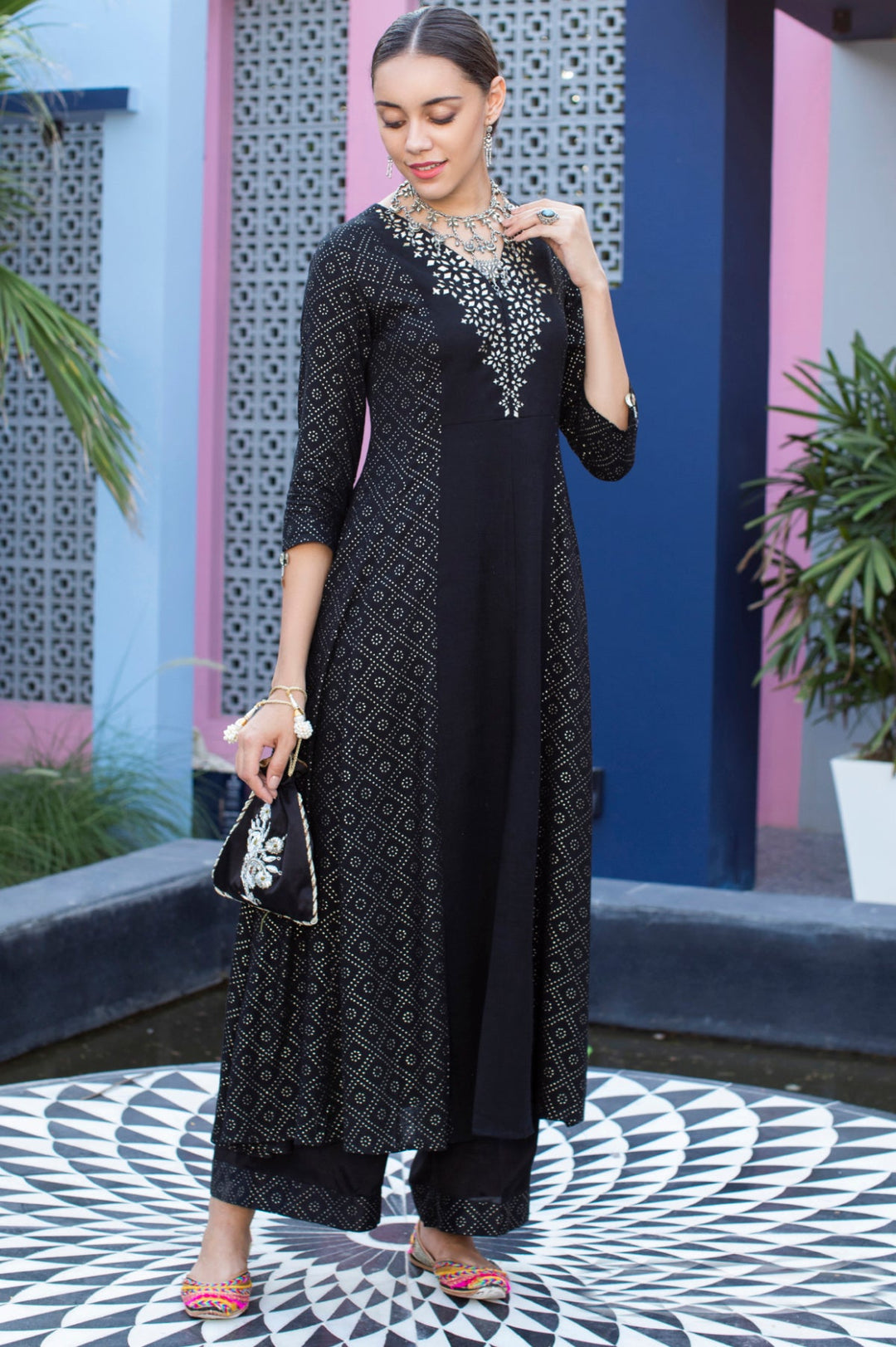 Neerus Black muslin straight kurti - front view