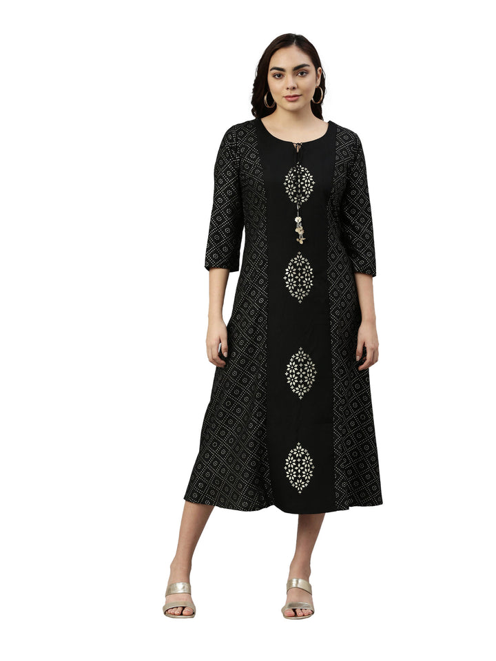 Neerus Black muslin printed A-line kurta - front view
