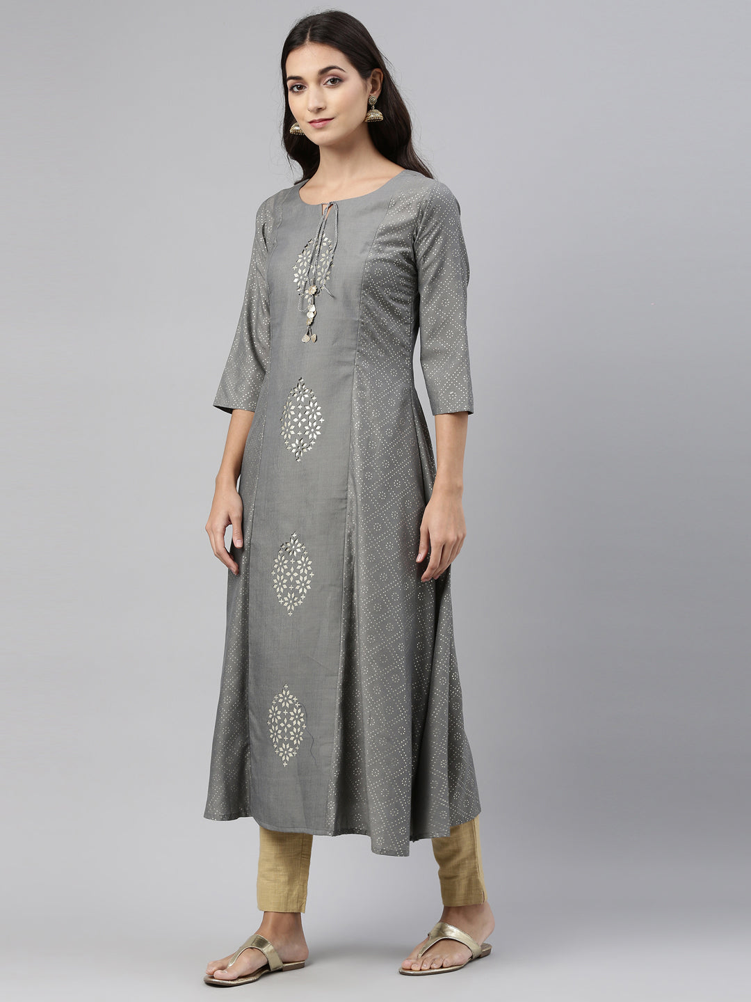 Neerus Grey muslin straight kurti - back view