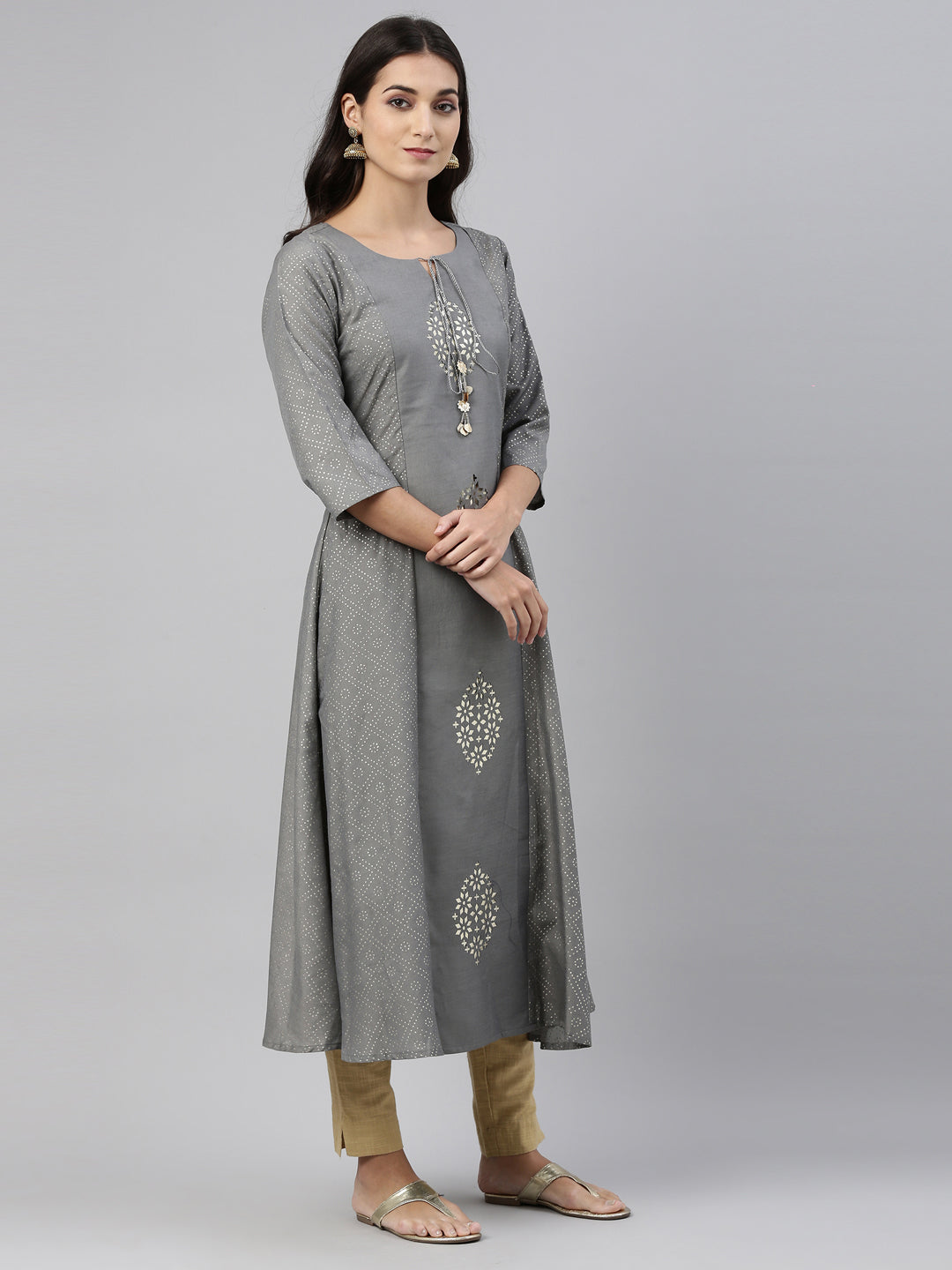 Neerus Grey muslin straight kurti - side view
