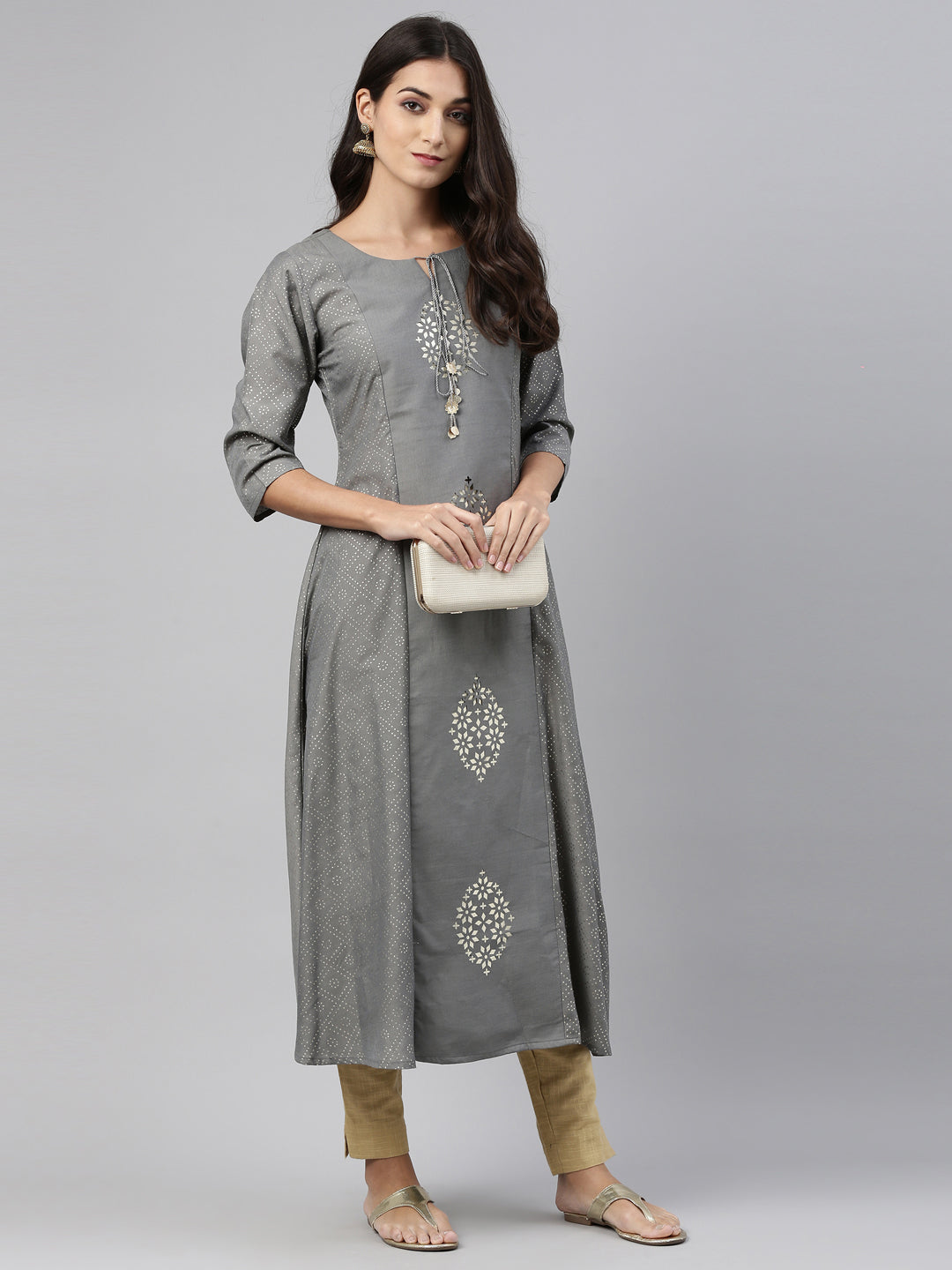 Neerus Grey muslin straight kurti - front view