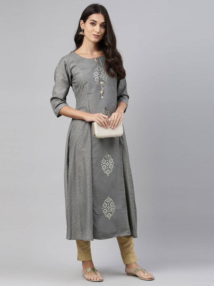Neerus Grey muslin straight kurti - front view
