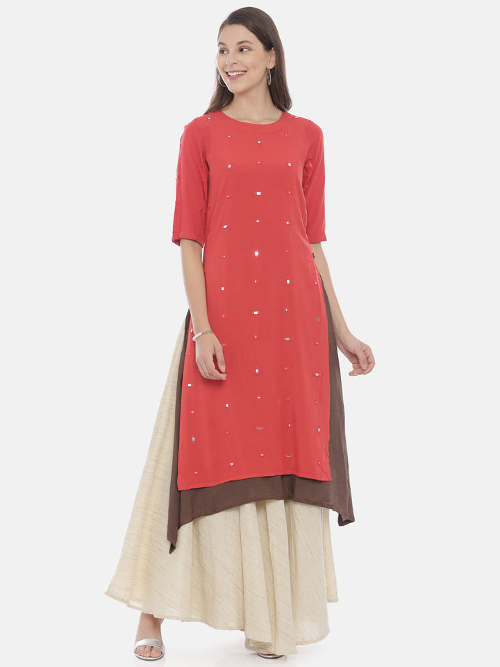 Neerus Pink rayon embellished kurta skirt set - front view