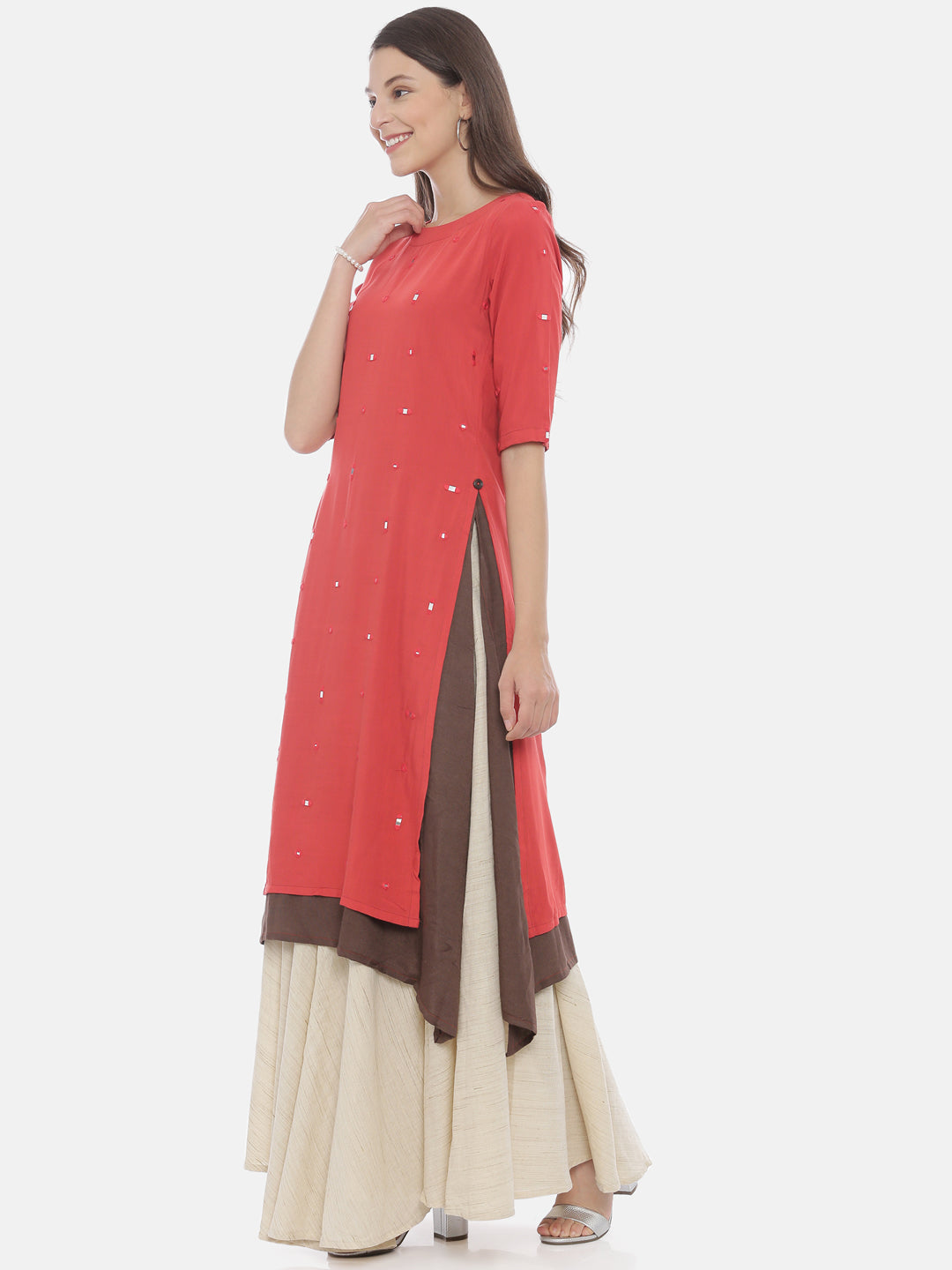 Neerus Pink rayon embellished kurta skirt set - side view