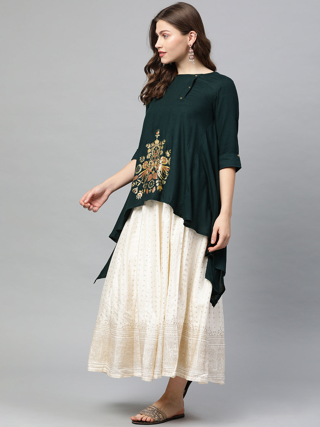 Neerus Green rayon printed A-line kurti - side view