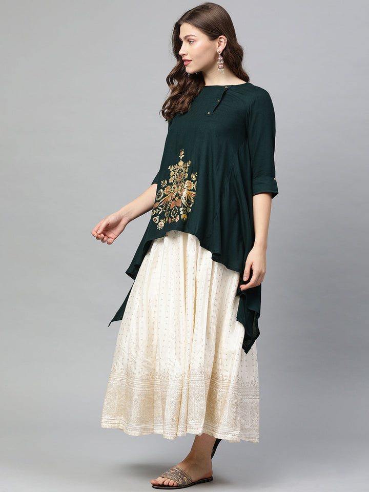 Neerus Green rayon printed A-line kurti - side view