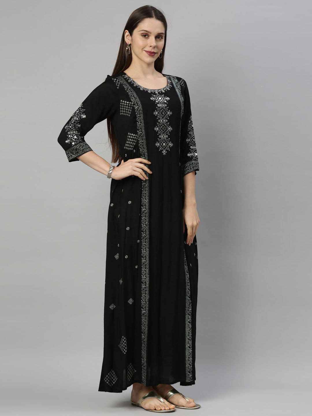 Neerus Black shantoon straight kurti tunic - detail view 2