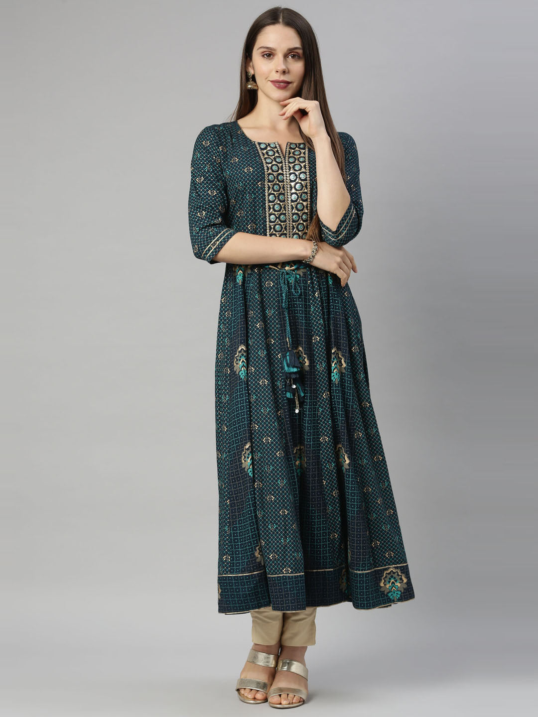 Neerus Blue viscose rayon straight kurti - front view