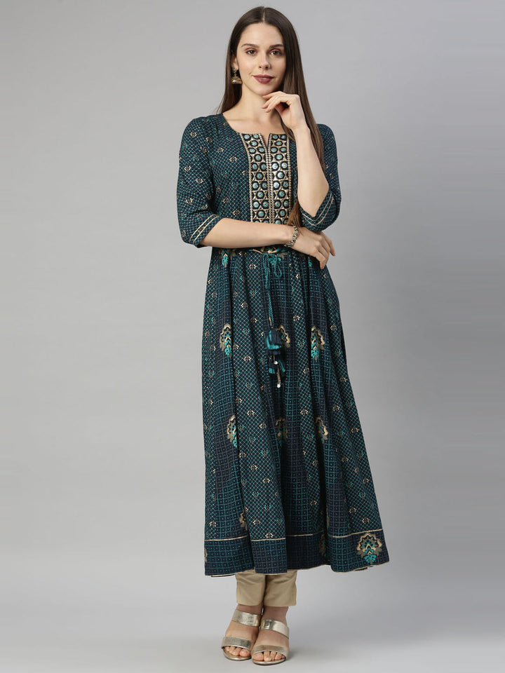 Neerus Blue viscose rayon straight kurti - front view