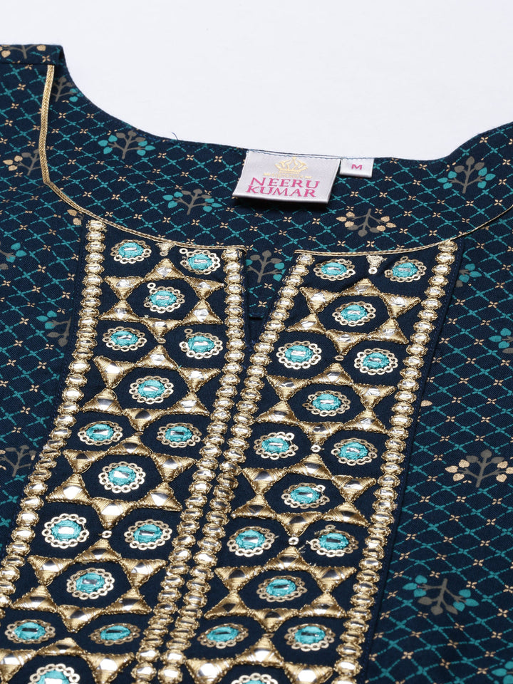 Neerus Blue viscose rayon straight kurti - back view
