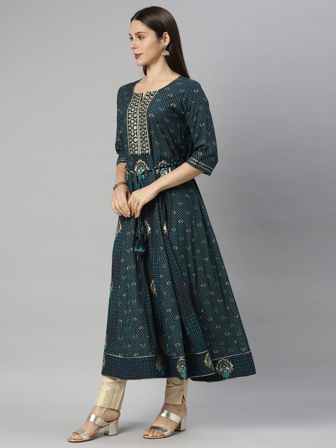 Neerus Blue viscose rayon straight kurti - detail view 1