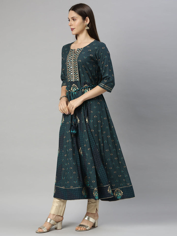 Neerus Blue viscose rayon straight kurti - detail view 1