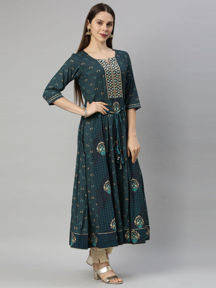 Neerus Blue viscose rayon straight kurti - detail view 2