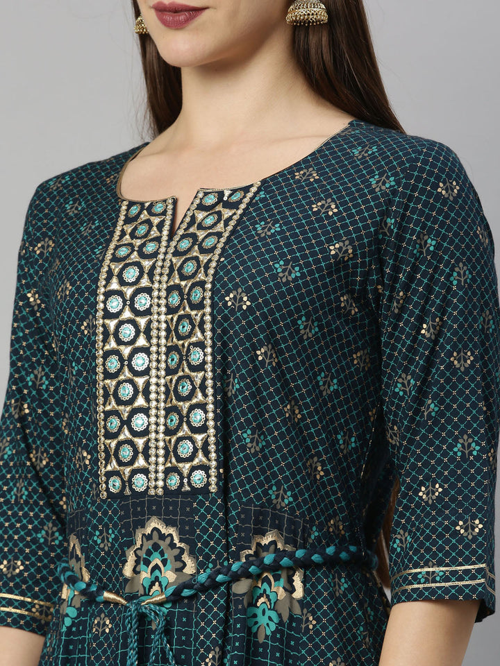 Neerus Blue viscose rayon straight kurti - detail view 5