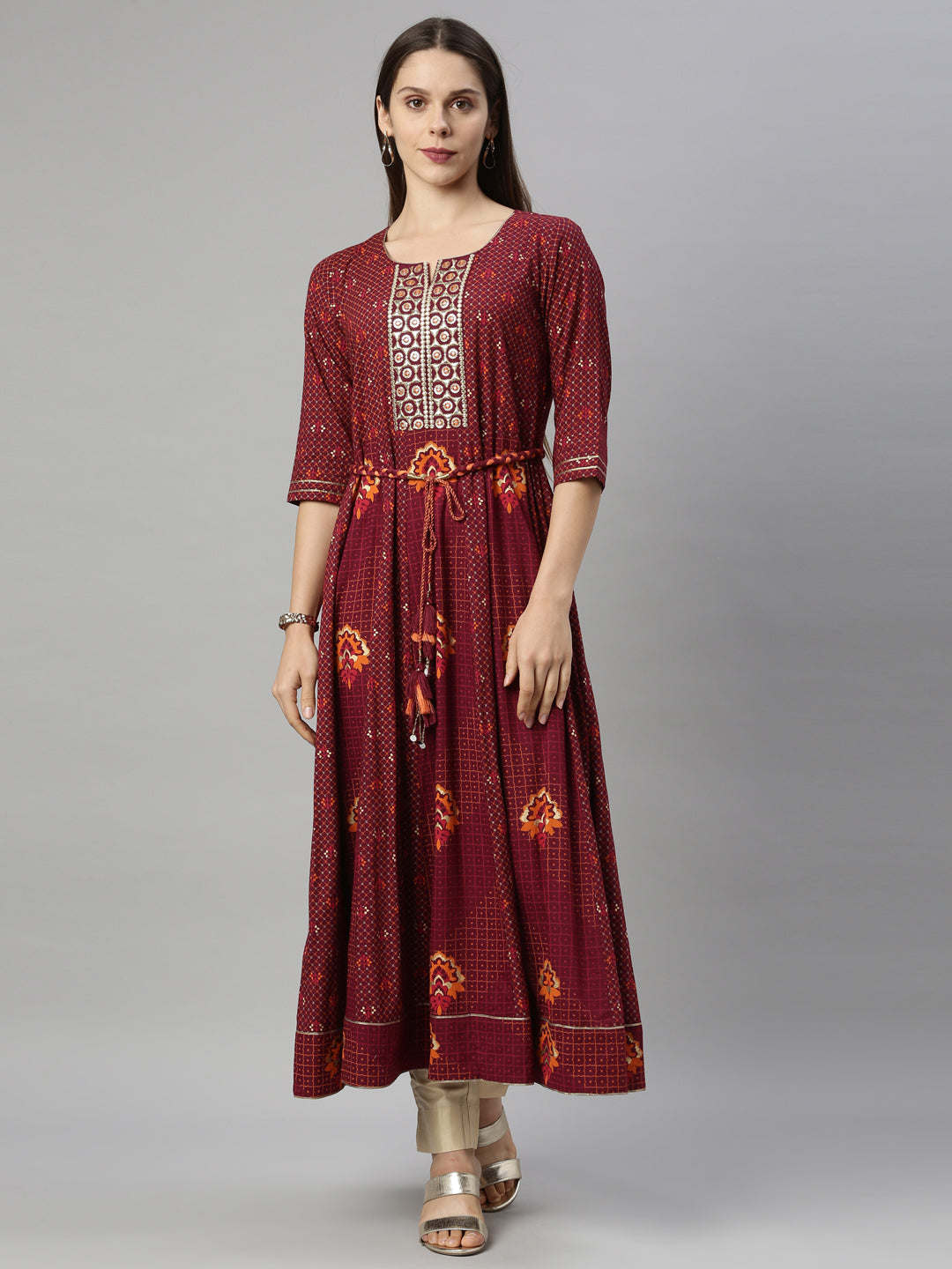Neerus Maroon viscose rayon thread embroidered anarkali kurti - front view